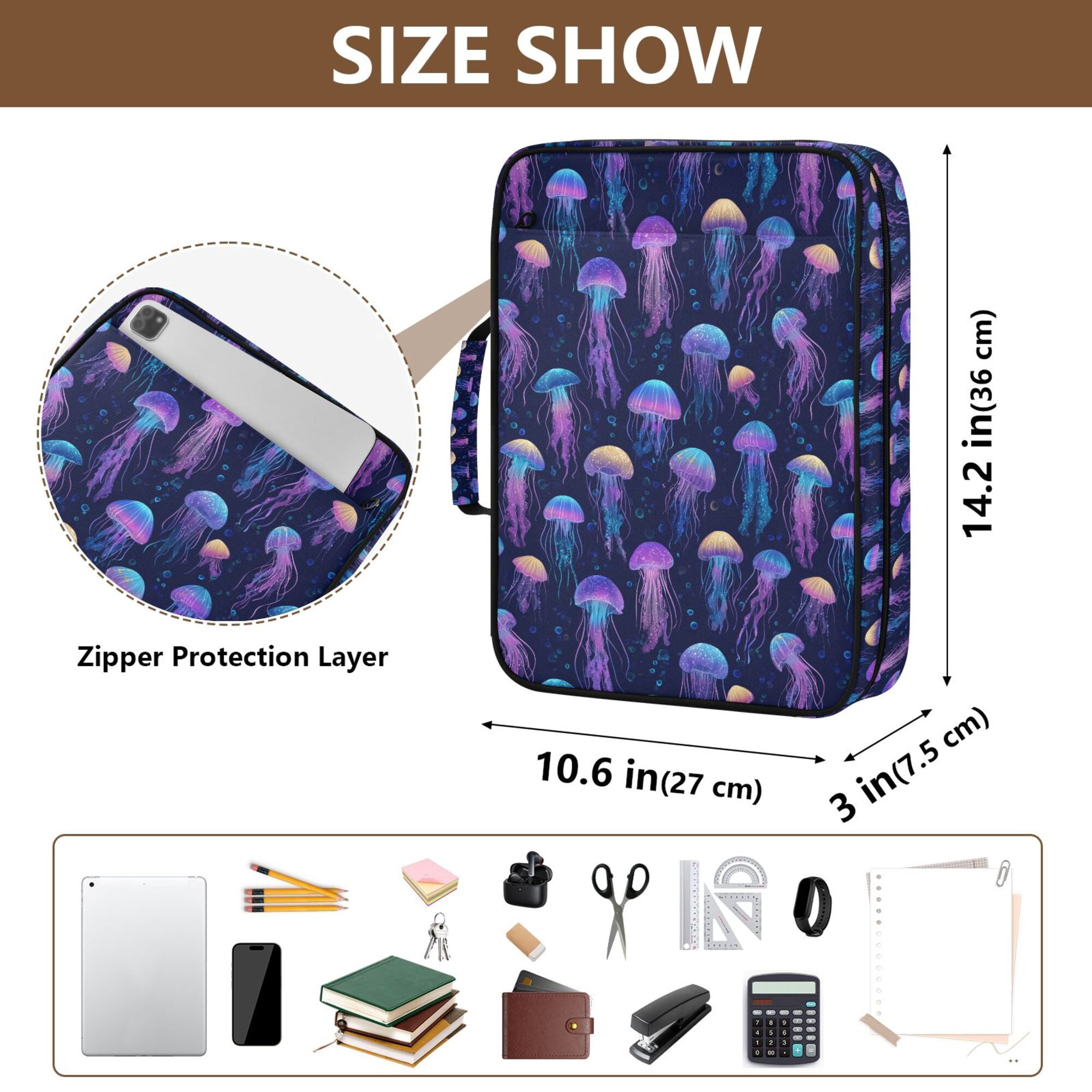 FORMRS Accordion File Folder A4 Size 7-Pocket Expanding Document Organizer Bag with 3 Ring Binder, Dark Blue Jellyfish Pattern