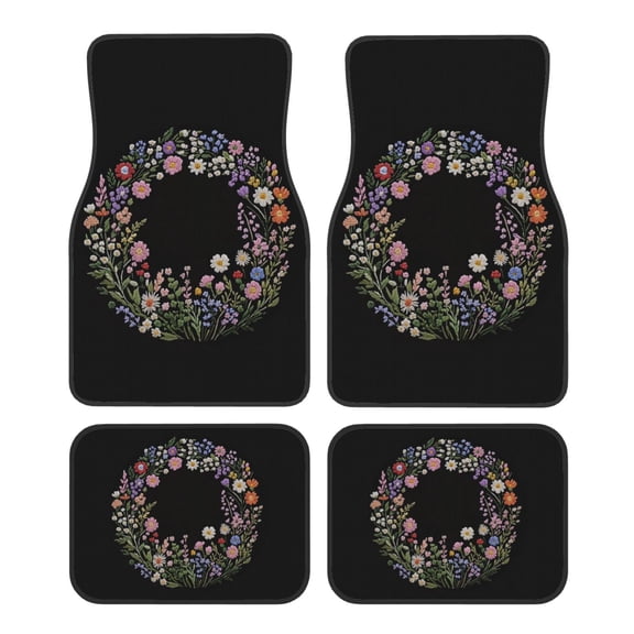 KAKALAD Wild Flowers Faux Embroidery Car Floor Mats 4PC Set Carpet Protection, Universal Fit for Car SUV VA & Truck, Vehicle Front & Rear