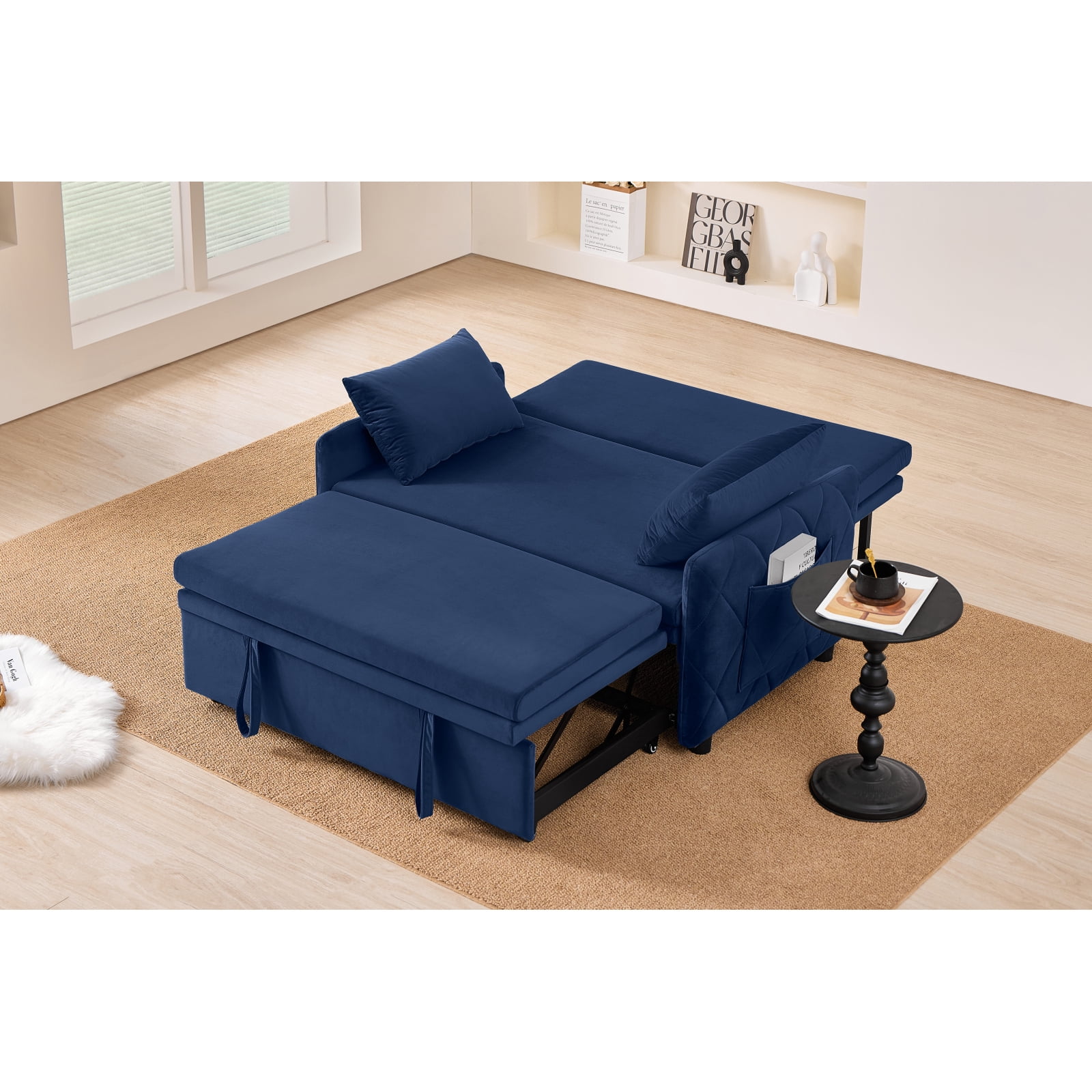 Leumius 3 in 1 Convertible Sleeper Sofa Bed, Modern Convertible Sofa Bed with 5-Position Adjustable Backrest,Velvet Pull Out Couch with Pull Out Bed for Living Room Furniture,Blue