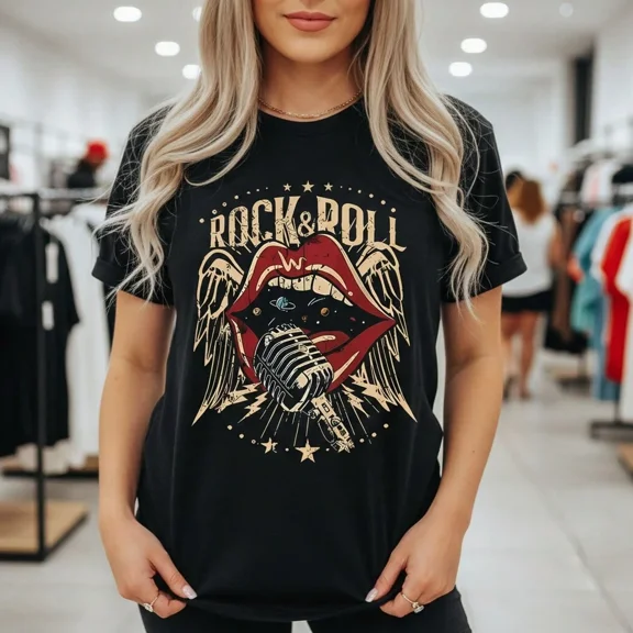 Vintage Rock & Roll Music Graphic T-Shirt for Women, Retro Lips Microphone Wings Design, Casual Crewneck Concert Aesthetic Top, Edgy Streetwear