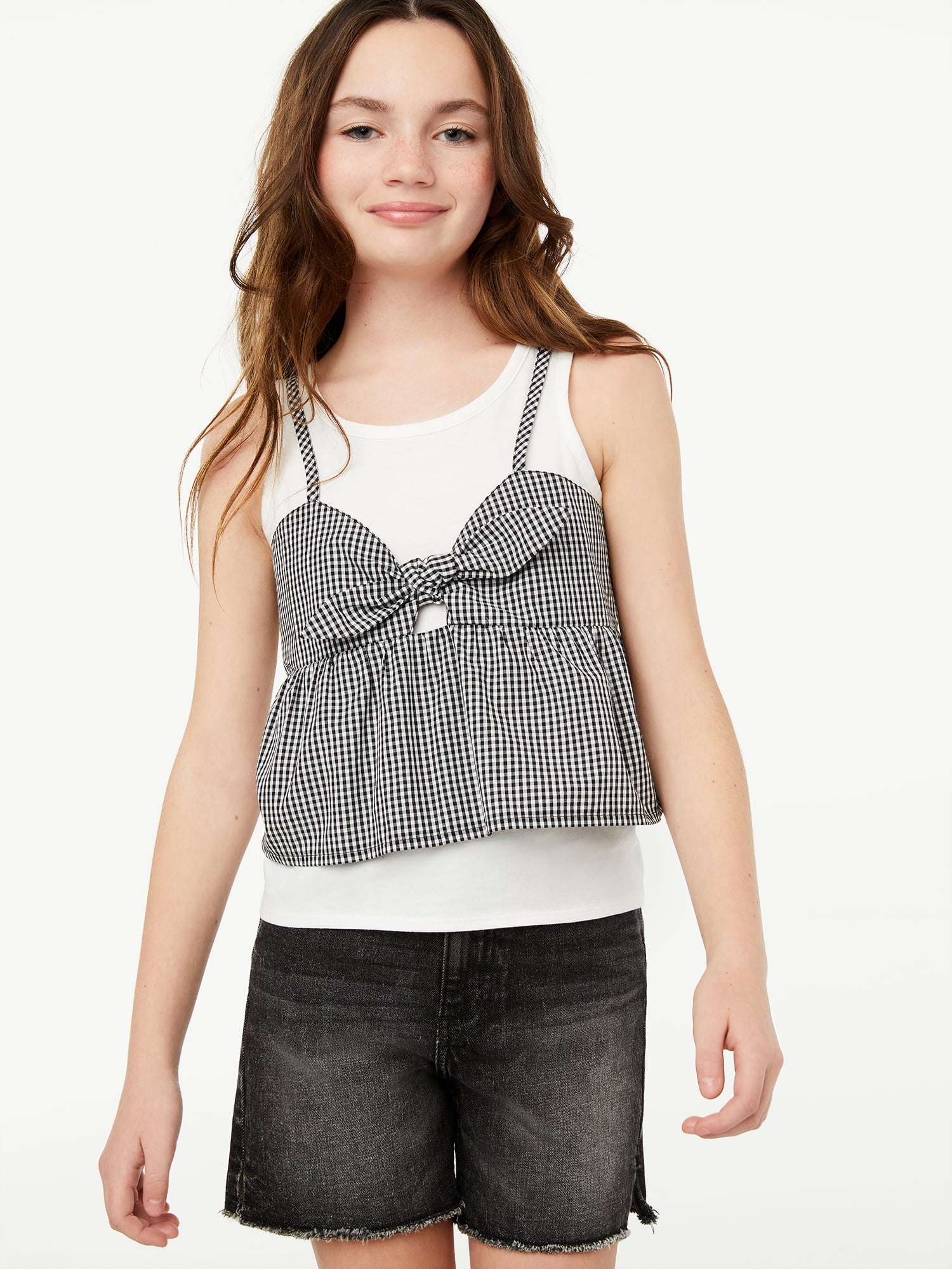 Free Assembly Girls Tie-Front Gingham Tank Top, Sizes 4-18