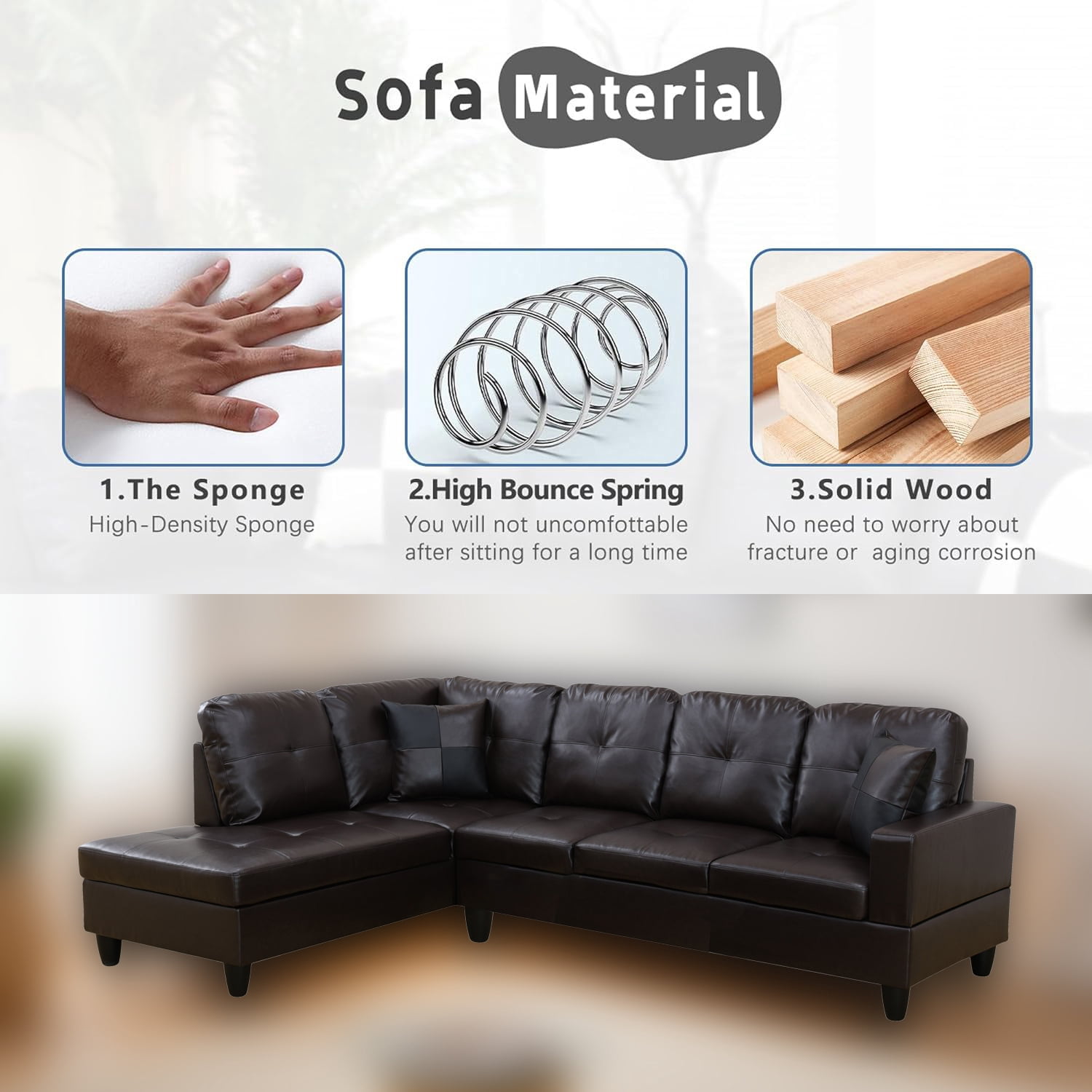 Wzlam Faux Leather 2 Piece Sofa Set with Chaise, L Shaped Sectional Couch Living Room Sofa for Bedrooms, Apartments and Offices, Brown (Facing Left Chaise)
