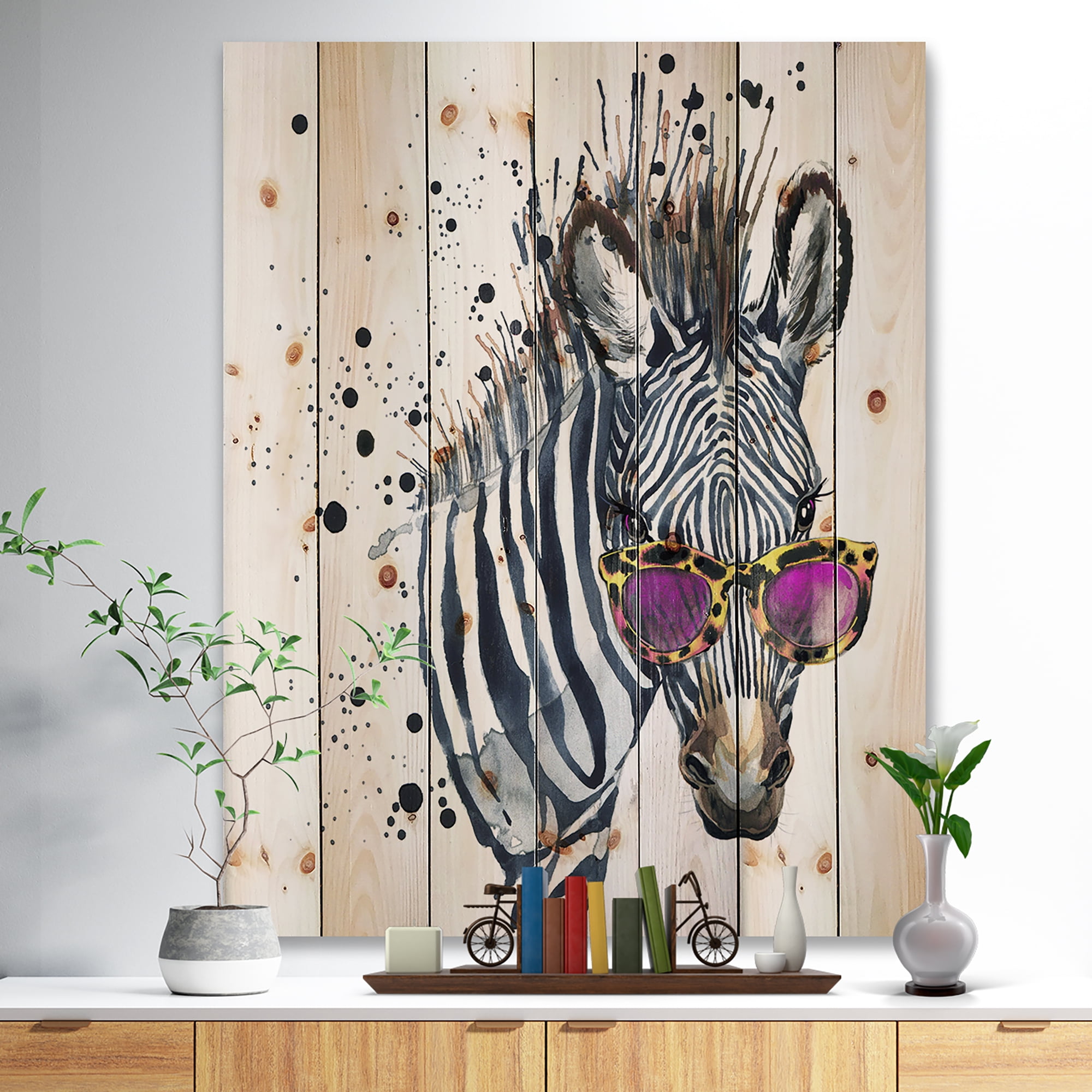 Designart 'Funny Zebra Watercolor' Animal Print on Natural Pine Wood