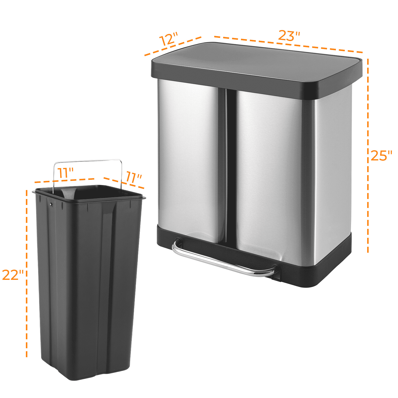 Arlopu 16 Gallon Stainless Steel Step Trash Can, Dual Garbage Can with