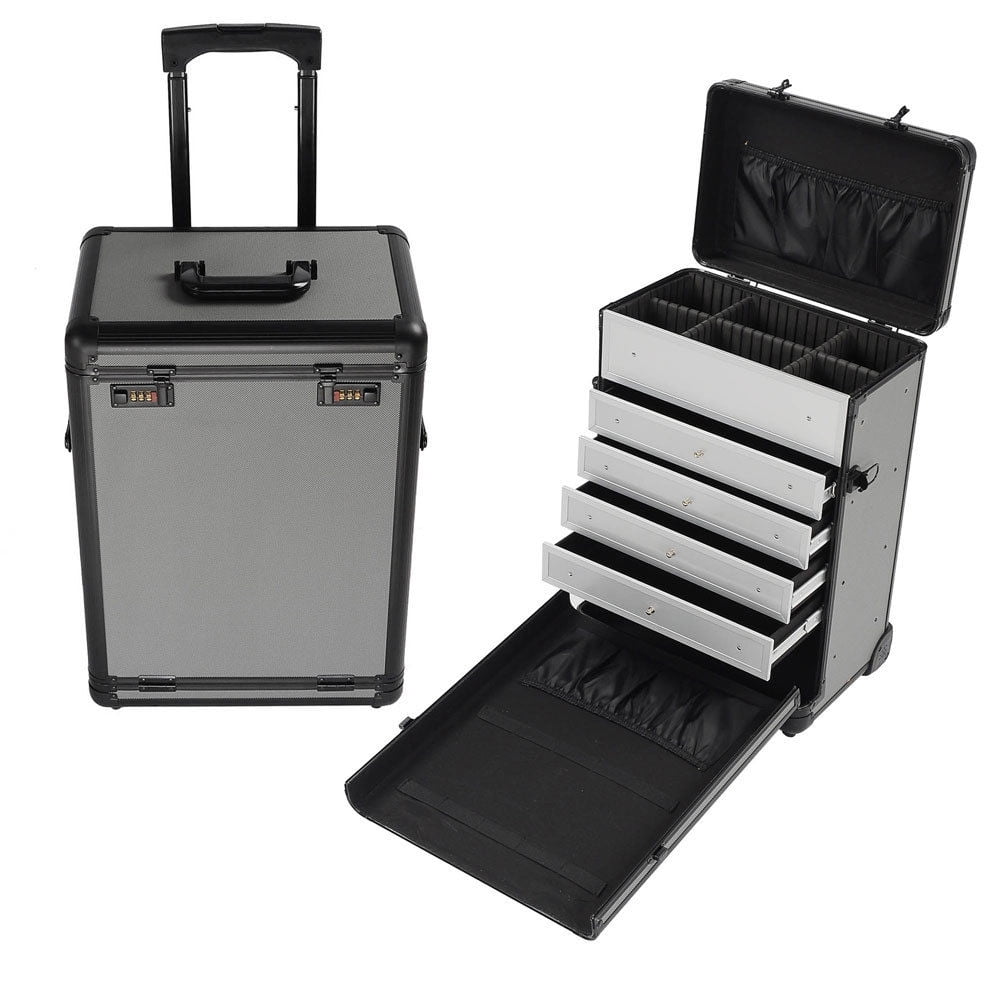 Professional Rolling Travel Makeup Case Jewelry Drawers Aluminum