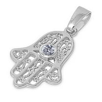 Hamsa Hand of God Cubic Zirconia Pendant Sterling Silver