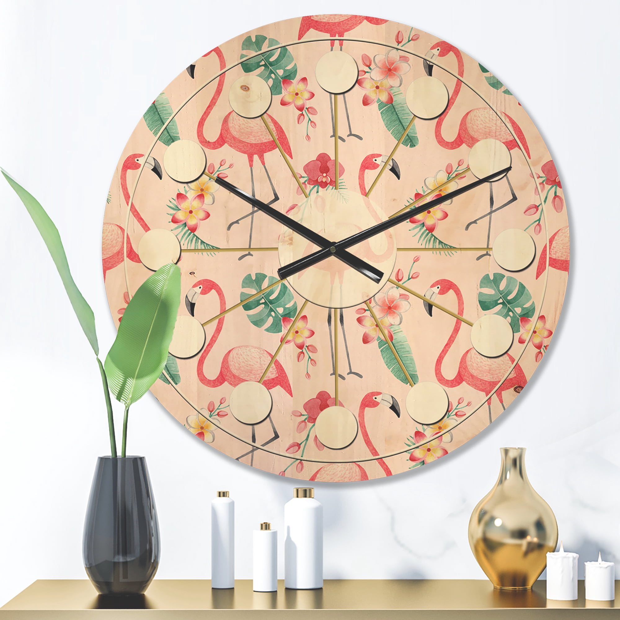 Designart 'Tropical Botanicals, Flamingo and Flowers II' Mid-Century Modern Wood Wall Clock