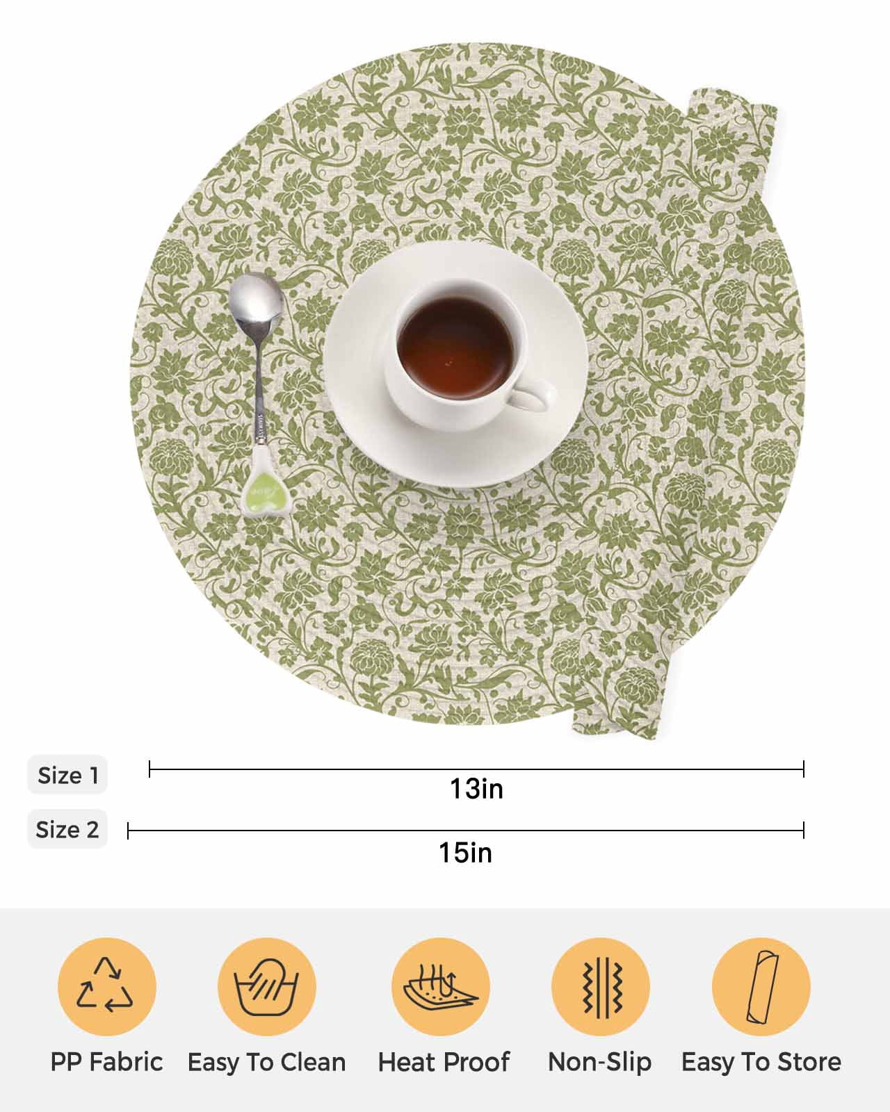 13 Inch Round Placemats Set of 6, Green Floral Non Slip Heat Insulation PP Table Mats, Vintage Rustic Botanical Spring Washable Place Mats for Kitchen Dining Party Table Decor