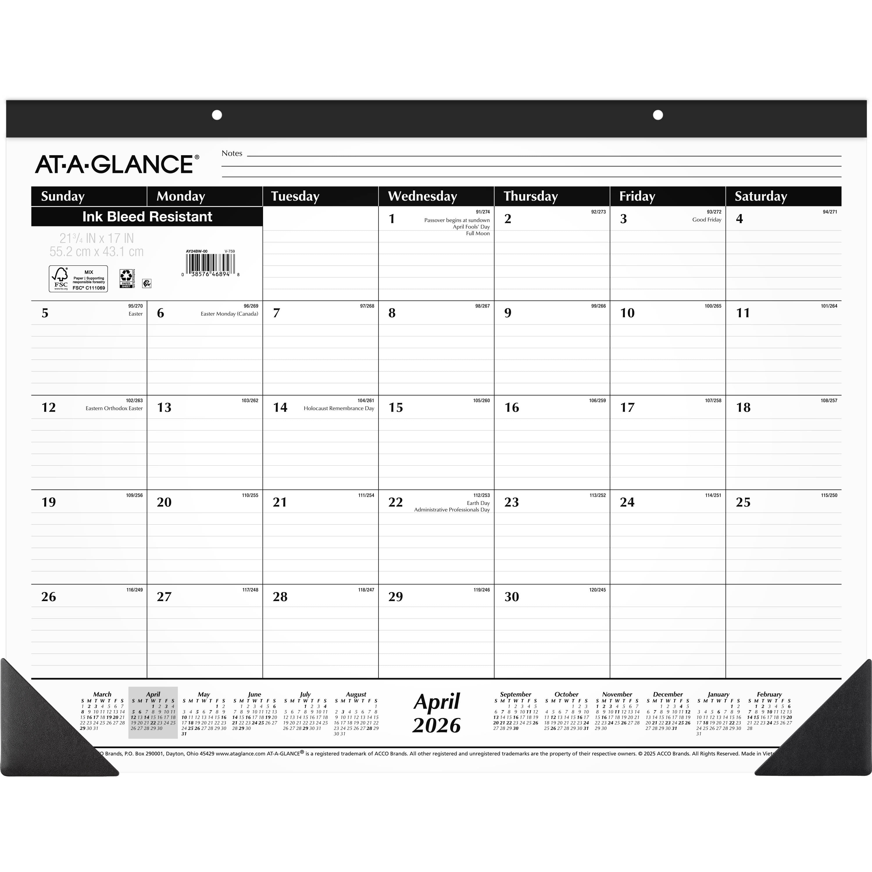2026-2027 At-A-Glance Large Size Academic Monthly Desk Pad Calendar, 21.75" x 17", Paper Material