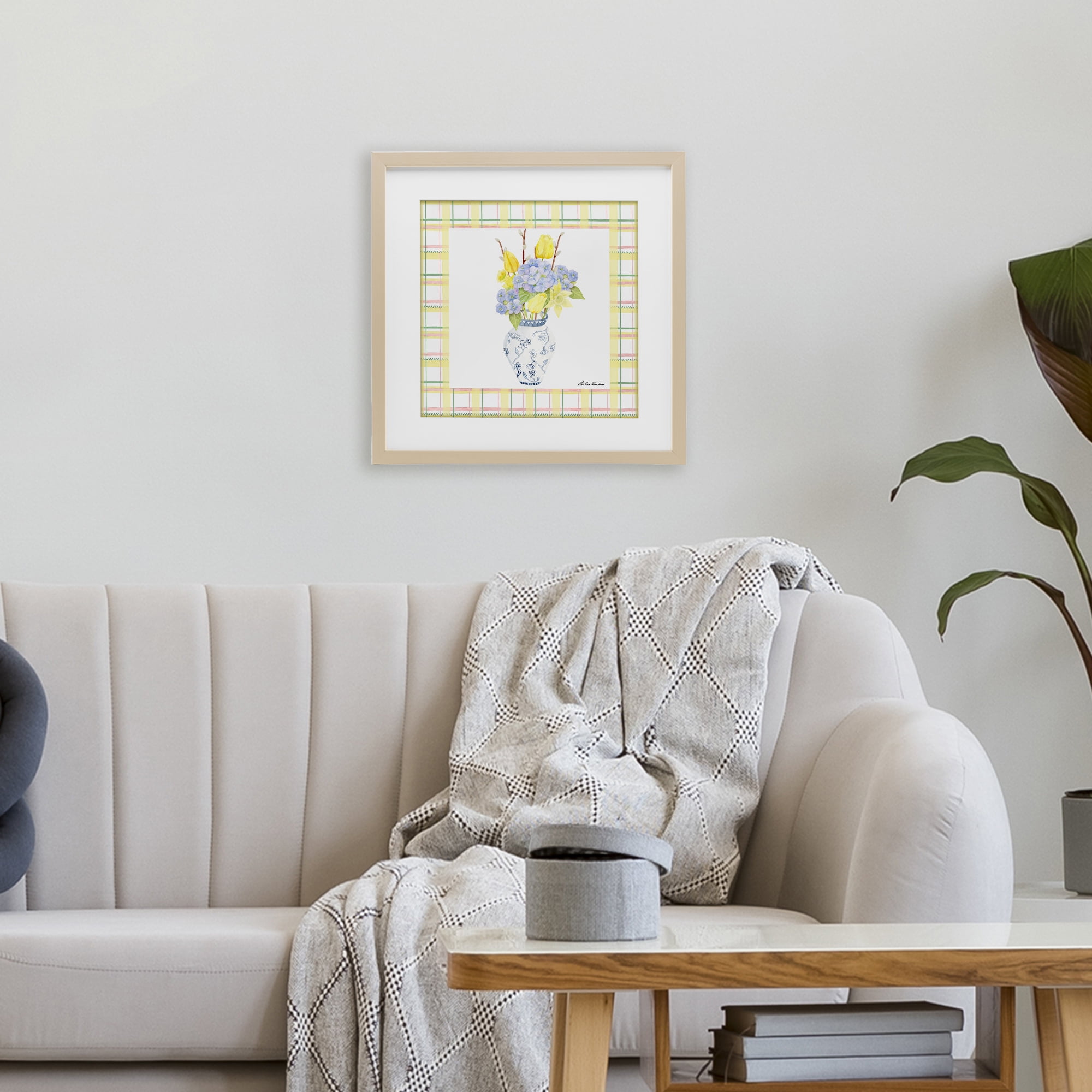 Spring Vase on Yellow Plaid Birch Framed Print Under Glass, design by Lee Ann Sanders