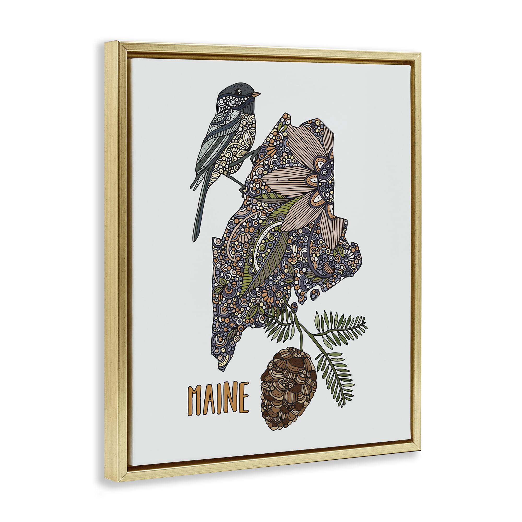 Stupell Industries Floral Maine State Botanical & Floral Painting Gold Floater Framed Art Print Wall Art, 25 x 31