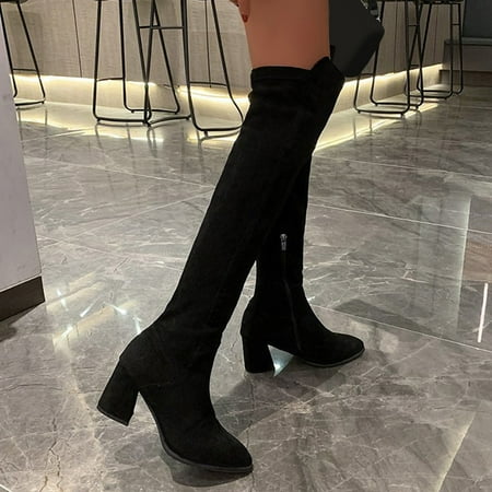 

ZMHEGW Boots For Women Ladies Solid Color Suede Pointed Toe Side Zipper High Heel Over Knee Boots Shoes