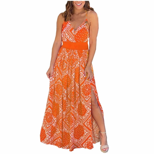 Vestido largo de playa con estampado de abertura y túnica sin espalda con cuello en V sin mangas con tirantes de verano a la moda para mujer Fridja nalpqowj29296