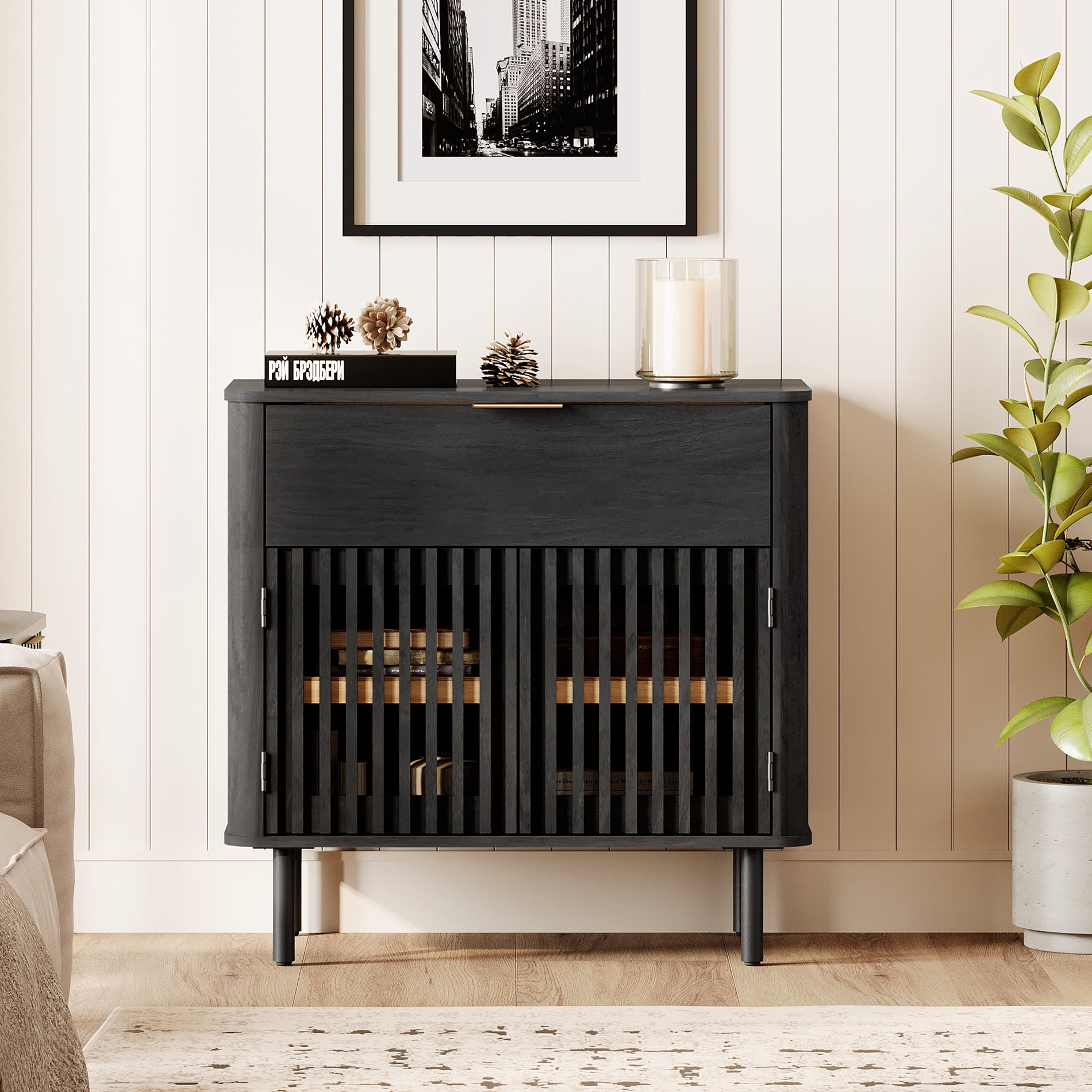 31.5" Sideboard Buffet Cabinet with Storage - Fluted Kitchen Credenza Cabinet with Pop-up Doors and Drawer, Black