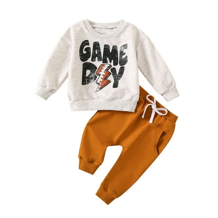 

Dezsed 3-24Months Autumn Winter Baby Clothes Girls Cartoon Rugby Lettering Long Sleeved Crew Neck Pullover Tops And Trousers Suit Boys Sets Clothing Clearance