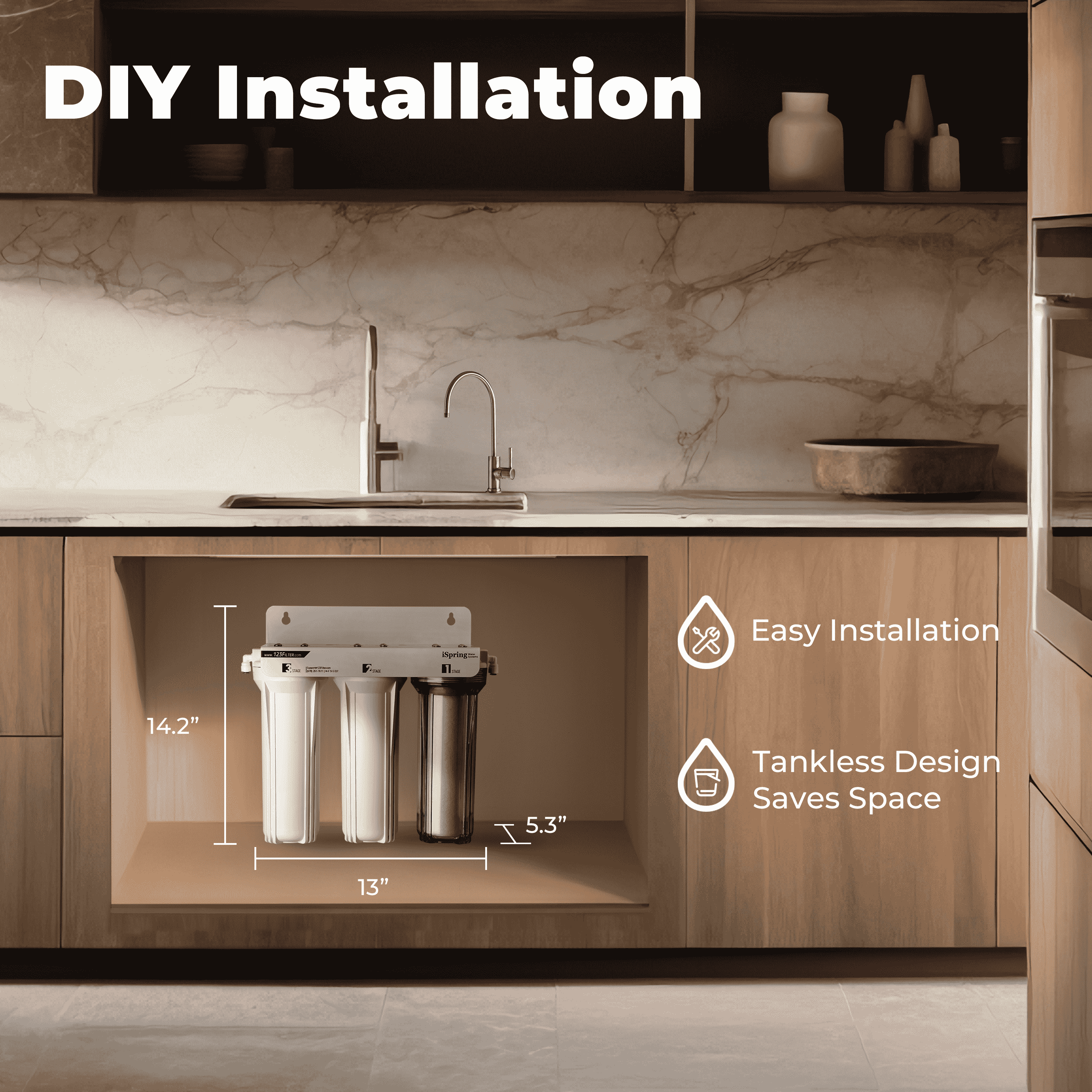 iSpring US31-NC Classic 3-Stage Under Sink Water Filtration System for Drinking, Reduces Chloramine, PFAS, Tankless Under Sink Water Filter, High Capacity Water Filter for Sink