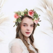 Fasiaou Rose Flower Crown Boho Flower Headband Hair Wreath Floral Headpiece Halo with Ribbon Wedding Party Festival Photos,Valentine's Day Pink