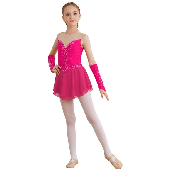 Rswnyirn Kids Girls Figure Ice Skating Dance Dress Ballet Leotard Dress with Gloves Contemporary Lyrical Modern Jazz Dancewear Hot Pink 10