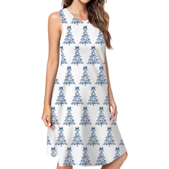Blue And White Chinoiserie Christmas Tree Spring Summer Dresses For Women Fashion Dress Casual Sleeveless Loose Sundress With Pockets