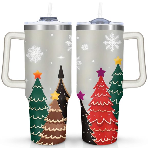 Colorful Christmas Tree 40 Oz Tumbler with Handle Lid and Straw Stainless Steel Double Walled Vacuum Insulated Cup Merry Christmas Gifts Tumbler for Women Men Friends Outdoor Indoor