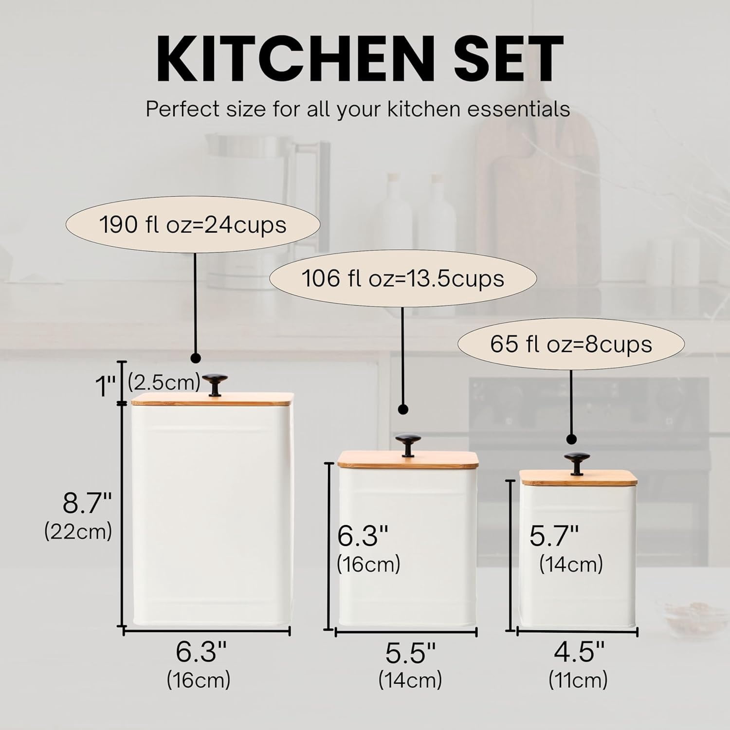 Perfnique Kitchen Canisters for Countertop Set of 3, Airtight Canisters Sets for the Kitchen Counter with Lid, Metal Farmhouse Food Storage Containers Jars for Flour Sugar Coffee Tea Spice (White)