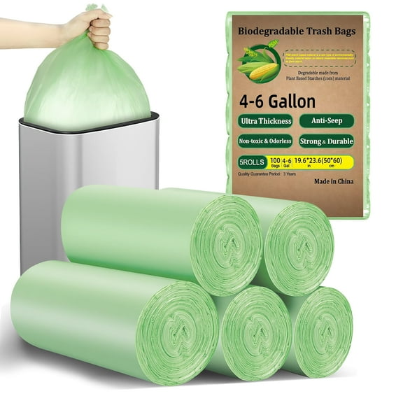 4-6 Gallon Trash Bags, Unscented (Green, 100 Count), Strong & Leakproof Small Garbage Bags , Size Expanded for Bathroom, Bedroom, Kitchen & Office, 4, 5, 6 Gal