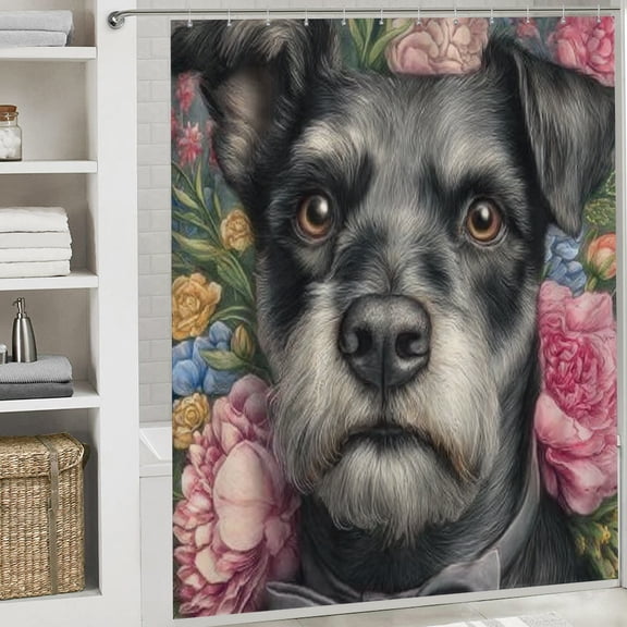 RKSupls Christmas Shower Curtain, Cute Schnauzer Shower Curtain with Hooks for Christmas Home Bathroom Decor Washable Curtains, 72x72 in