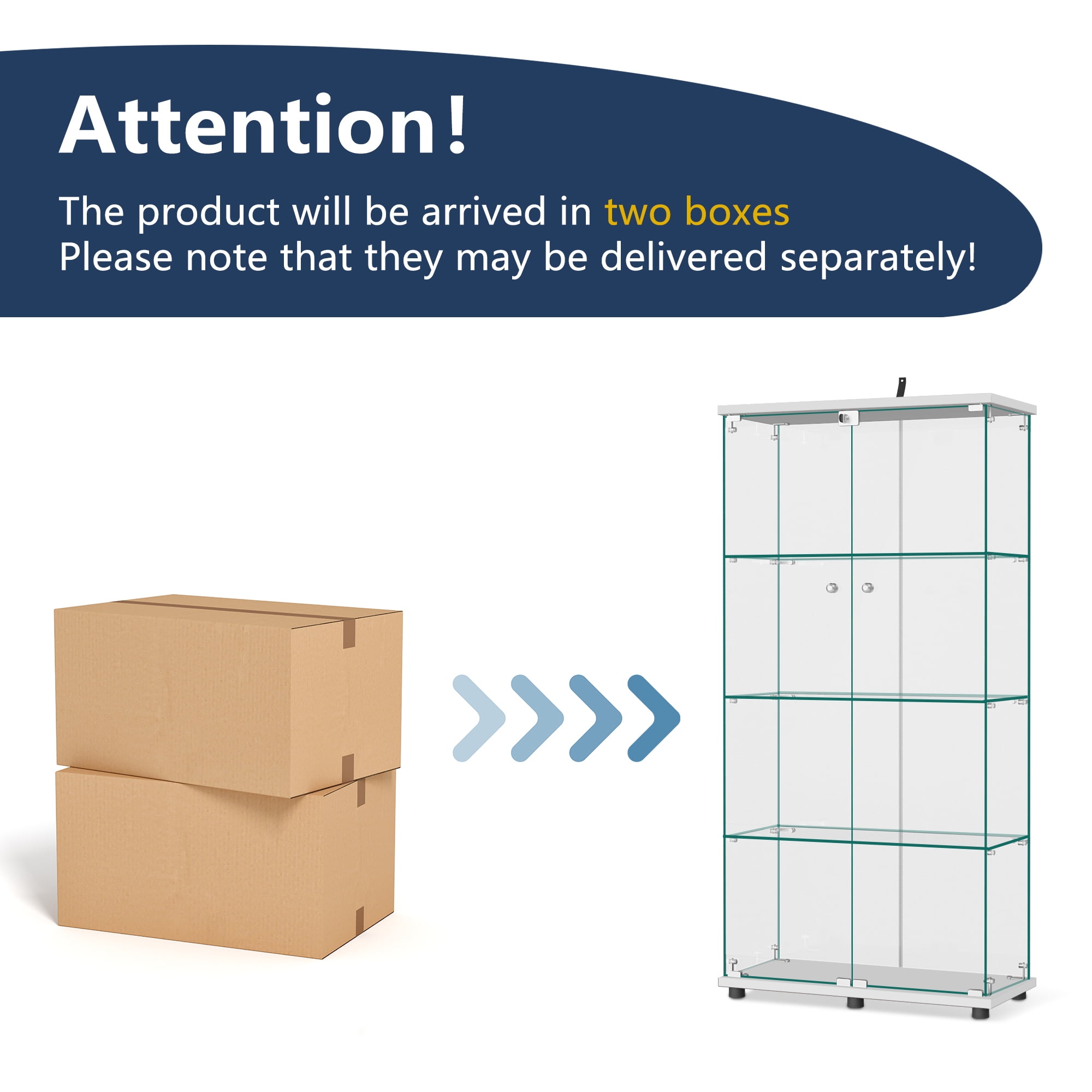 MAYEERTY 4-Tier Glass Display Cabinet with Double Door, Curio Cabinet Collection Showcase, White, 64.5"x32"x14.4"