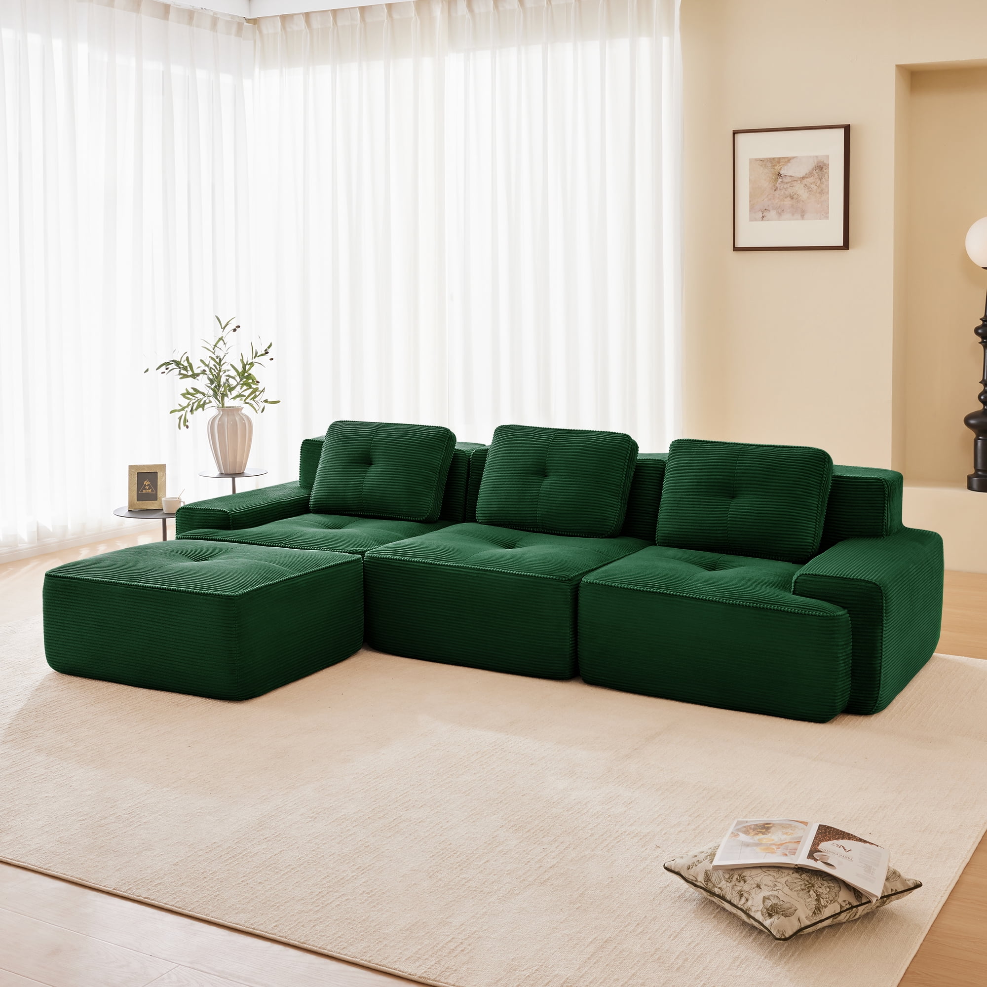 Yoneston 117" L-Shaped Modular Sectional Sofa 3 Seater Couch with Cushions and Ottoman, No Assembly Corduroy Sofa with Deep Seating for Living Room Bedroom Apartment, Green