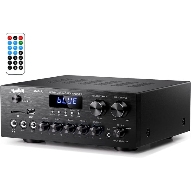 Moukey Power Amplifier (MAMP1) 2.0 Channel Bluetooth 5.0 Stereo Amplifier with USB, SD, AUX, and MIC inputs, ideal for home audio systems, karaoke, and parties. Features a black design with a digital display reading 'BLUE,' control knobs for volume, echo, bass, treble, and balance, and a compact remote control for convenience.