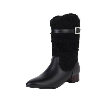

jsaierl Women Boots Slip-on Snow Boots Velvet Cotton Boots Warm Solid Cotton Shoes Knight Boots Mid-Calf Boots