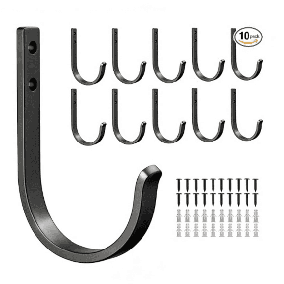 10-Pack Wall Hooks for Hanging Towel/Coat - 22LB Screw in Metal Hanger Wall Mount, for Outdoor, Closet, Door, Bathrooms, for Backpack, Robe, Black