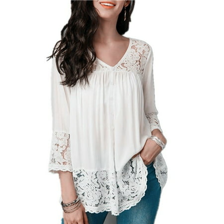 Fashion Plus Size 5XL Women Clothes Solid Color 3/4 Sleeve Blouse Lace-paneled V-neck Cropped Sleeve Casual