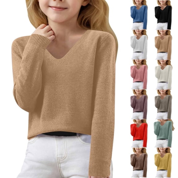 Fshiont Girls V Neck Lightweight Sweaters Long Sleeve Knitted Tops Teen Cozy Casual Pullover Cute Fall Winter Jumper Shirt Gold 13-14Y