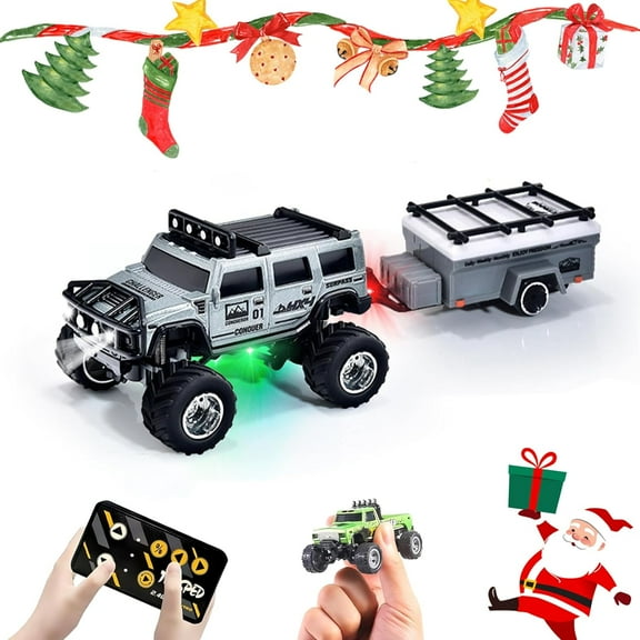 Mini Rc Off-Road Truck with Lights, 1:64 Mini TruckWith Led Lights, 2.4ghz Remote and App Control Toy Car, 3-Speed Adjustment, Cool Christmas Birthday Ideas Gifts (Gray with Tow Truck)