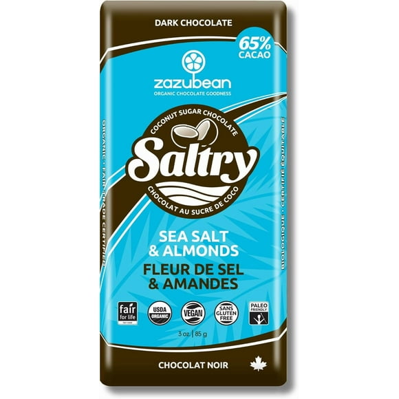 Zazubean Organic Chocolates Saltry Sea Salt & Almonds Dark Chocolate Bars with Coconut Sugar (12 x 85g)