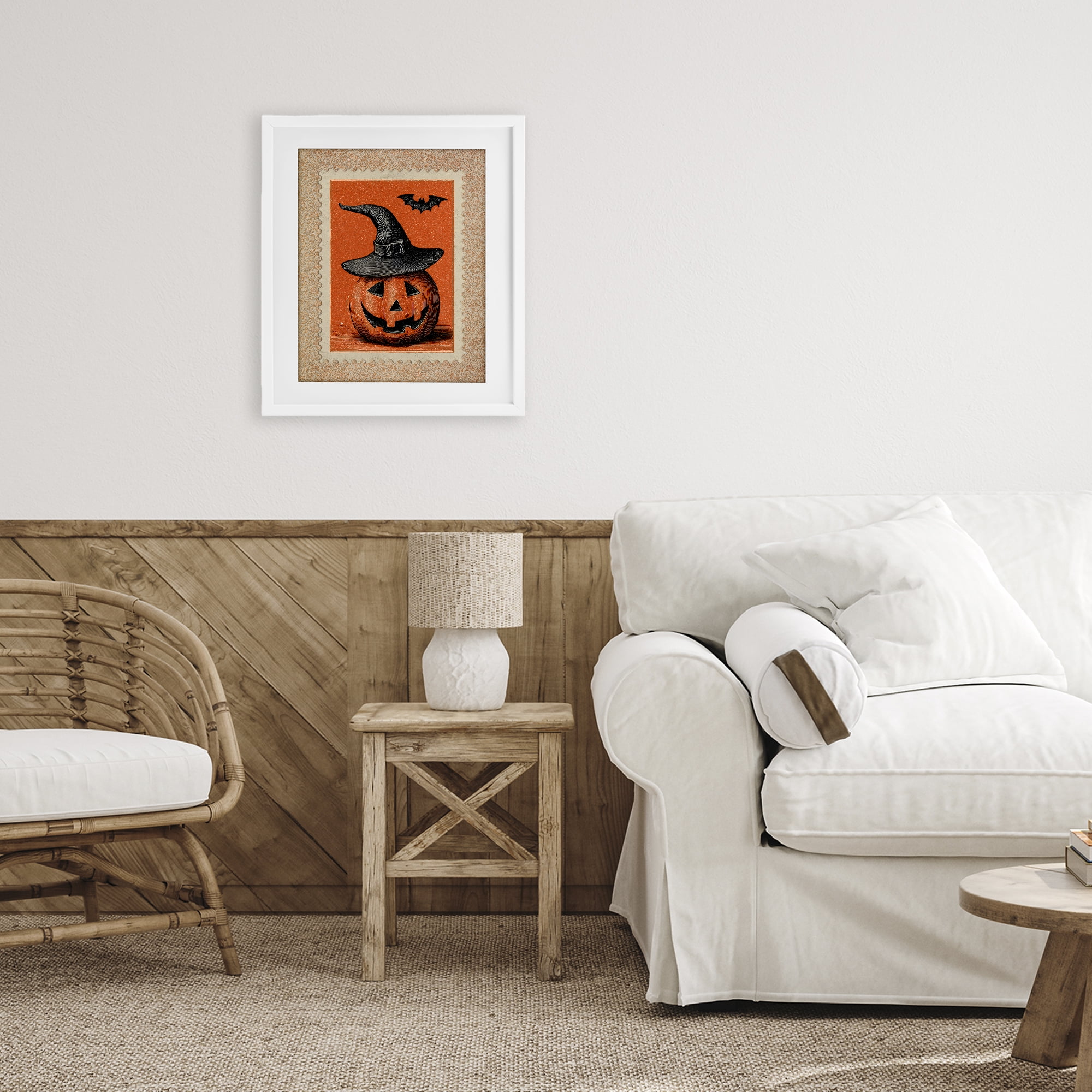 Vintage Jack-o-Lantern Stamp White Framed Print Under Glass, design by Arlington Prints