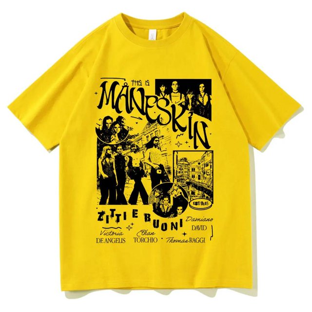 Camiseta de Maneskin de banda de Rock italiana camiseta con estampado gráfico de álbum de música ropa de calle Vintage de gran tamaño para hombres y mujeres camiseta de talla europea