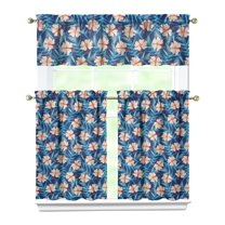 Kitchen Window Curtain 3PCS Set, 27.5x36 Inch Polyester Hawaii Botanical Tiers and Valance, Tropical Leaf Print for Bathroom or Laundry Room