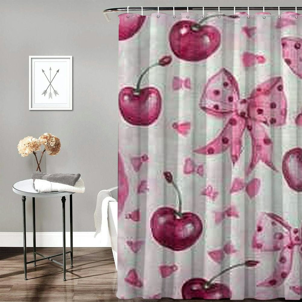 Patifu Cherries Bows Chic Modern Bathroom Decor Shower Curtain Set with Hooks 60"x72