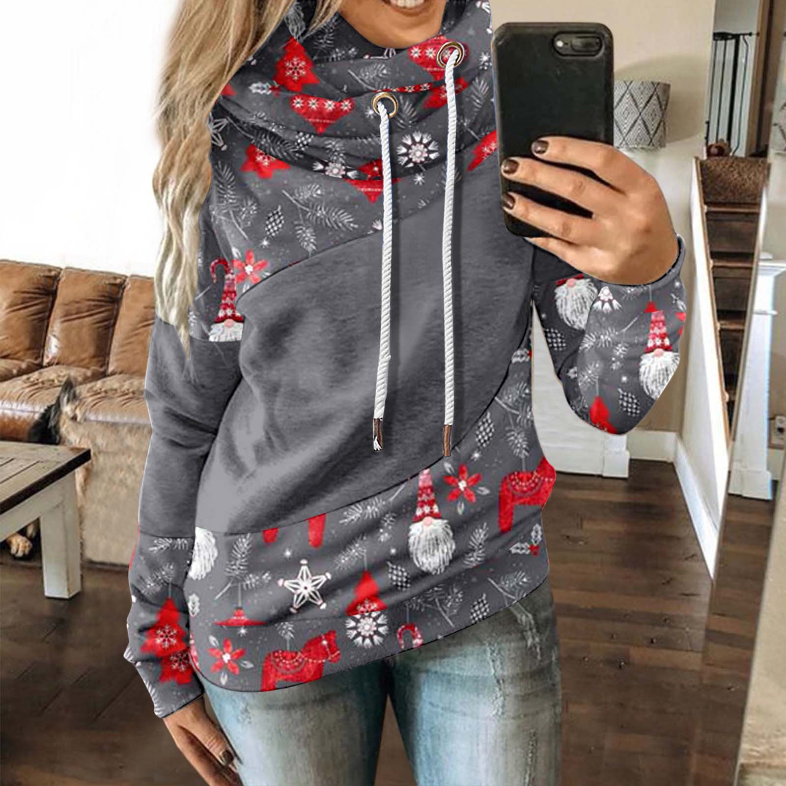 Hanas Tops Women's Fashion Casual Loose Merry Printed Drawstring Stitching  Long-sleeved Kangaroo-pocket Hooded Sweatshirt Gray/S - Walmart.com