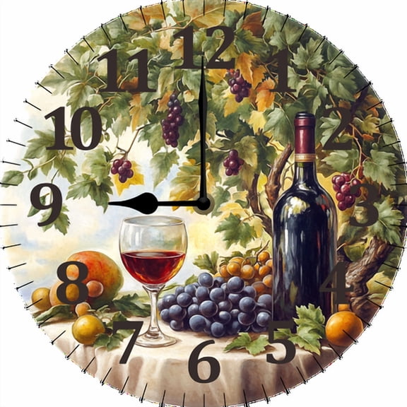 Eveokoki Round Wall Clock Silent Non-Ticking Battery Operated Clock 10 Inch, Red White Wine Grapes Home Decor for Living Room, Kitchen, Bedroom, and Office