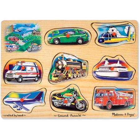 Doug Shapes Sound Puzzle - Melissa & Doug Vehicle Sound Puzzle - Wooden Peg Puzzle With Sound Effects (8 pcs)
