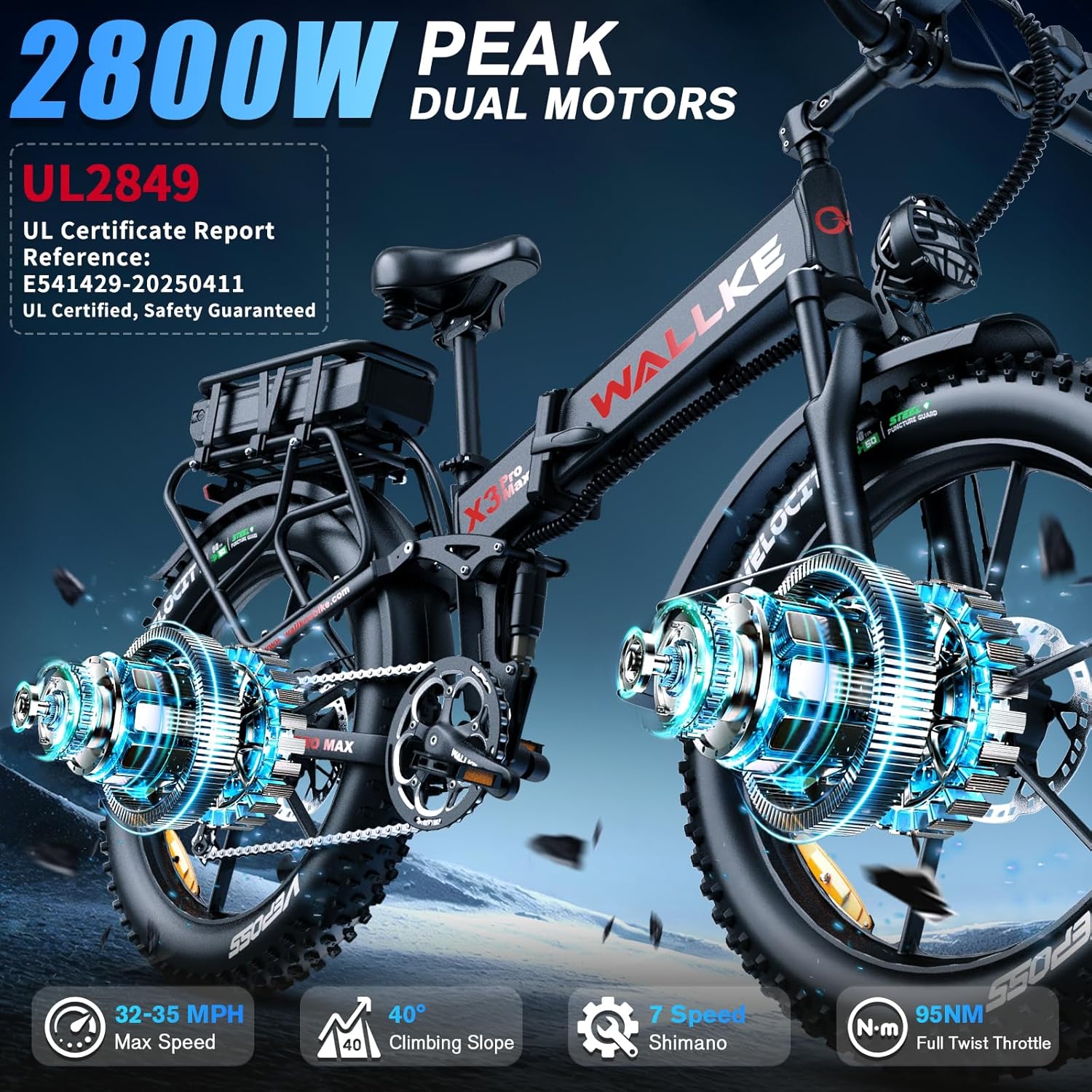 W Wallke 48V 22Ah Foldable Electric Mountain Bicycles,  2800W Dual Motor Ebike, Long Range E-Bike , 26" Fat Tire All Terrain 31-35MPH Fast Ebike Adults, Full Suspension Offroad City E-Bicycle, UL2849