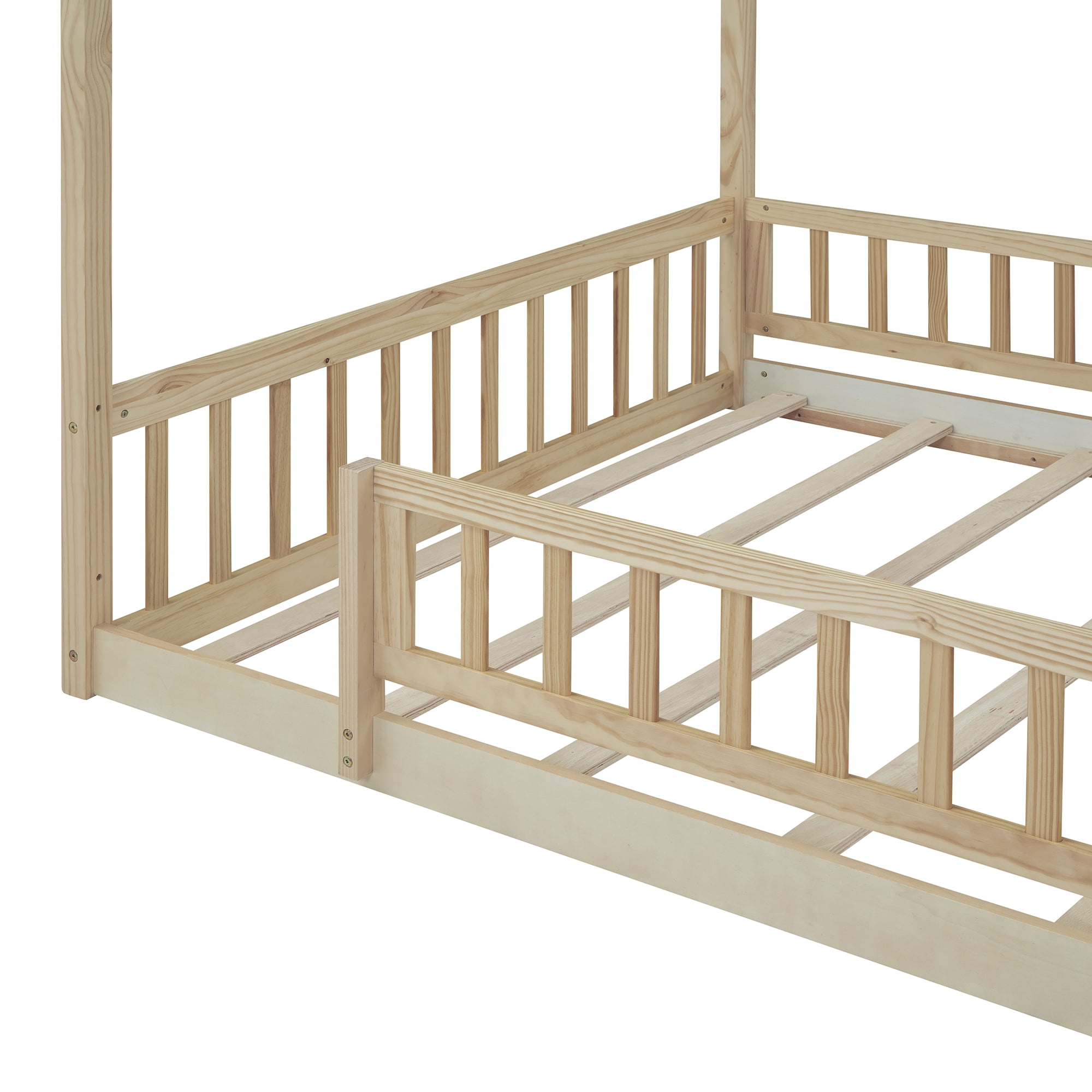 Bellemave Full Size House Floor Bed, Wooden Montessori Full Bed with Fence Railings and Support Slats, No Box Spring Needed (Natural)