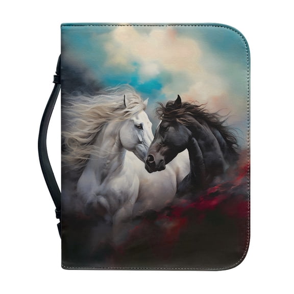 HELLHERO Black and White Horses Bible Bag Journal Case for Bible Study Church, Large Capacity PU Leather Protective Zipper Bible Cover