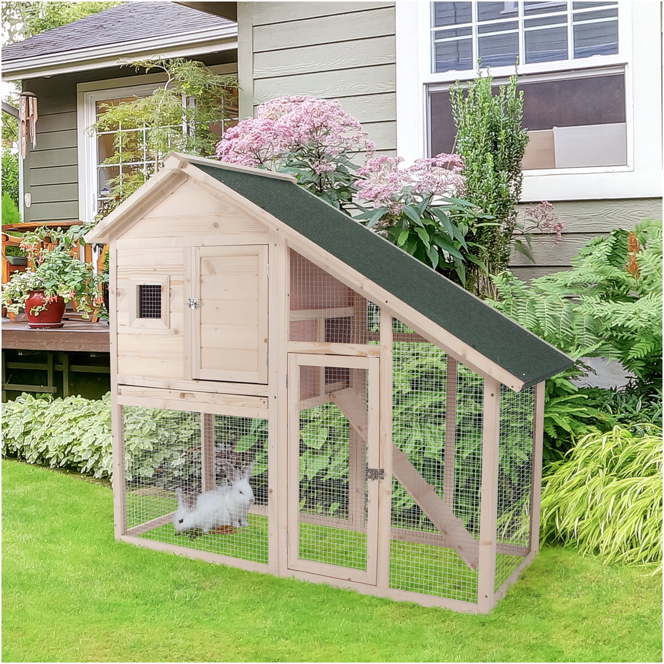 JERFIT 55 Inch Large Outdoor Rabbit Hutch with Waterproof Asphalt Roof, 2-Story Wooden Bunny Cage with Ramp & Removable Tray for Rabbits, Guinea Pigs, Small Pets