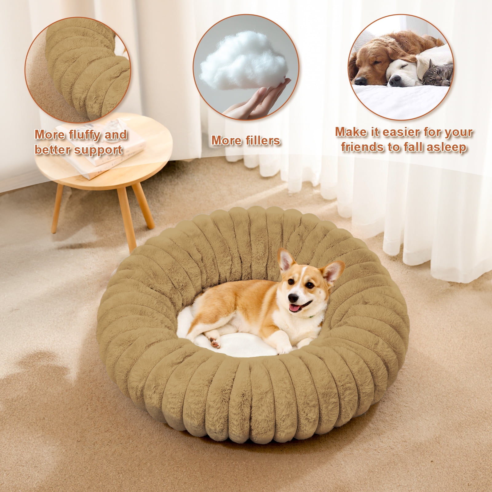 Katieovy Donut Dog Beds for Samll Dogs,Fluffy Calming Dog Beds with Non-Slip Bottomm,20 x 20 inch Washable Round Dog Cat Beds,Khaki