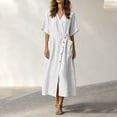 thumbnail image 4 of Bxsruta Women's Wrap V Neck Midi Dress Button Front Short Sleeve Loose Fit Casual Faux Linen Summer Dress Breathable Lightweight Versatile Everyday Flattering, 4 of 8