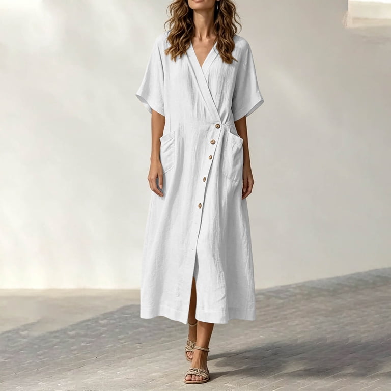 white v neck peplum dress Hvobtty Summer Women's Short Sleeve Maxi Peplum Dress V Neck Button Imitation Linen Cotton Solid Casual Attire, Size: Small, White